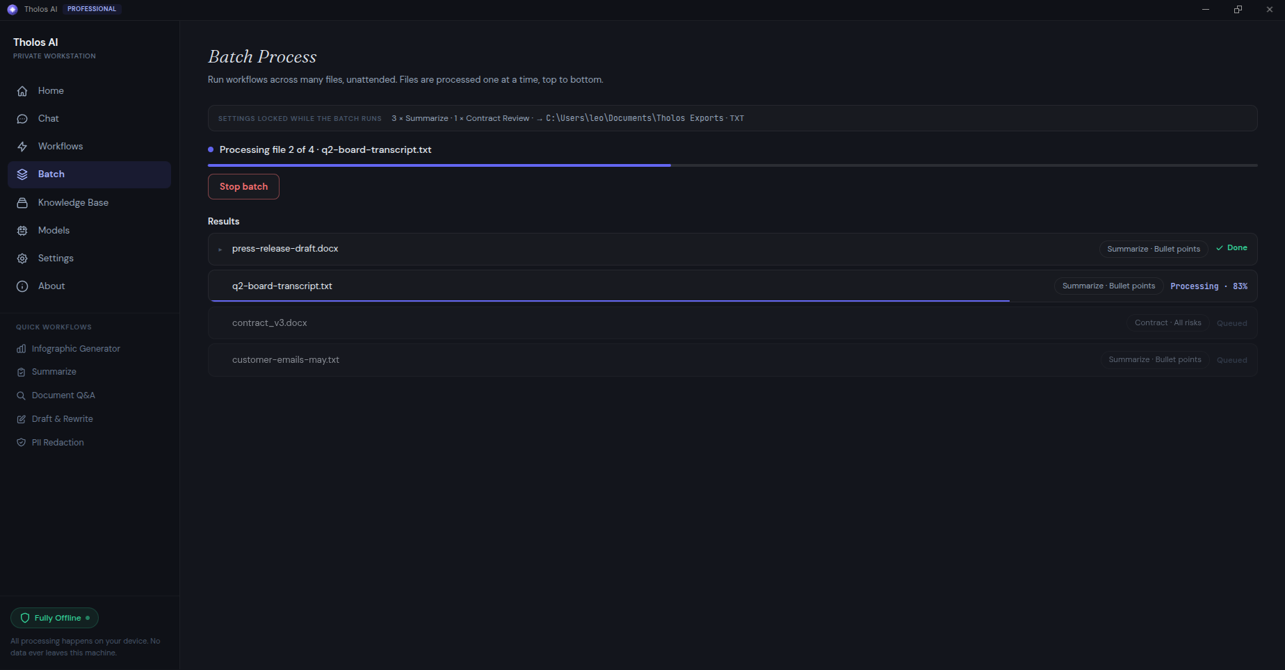 Batch Processing in Tholos AI — a list of files run through a workflow