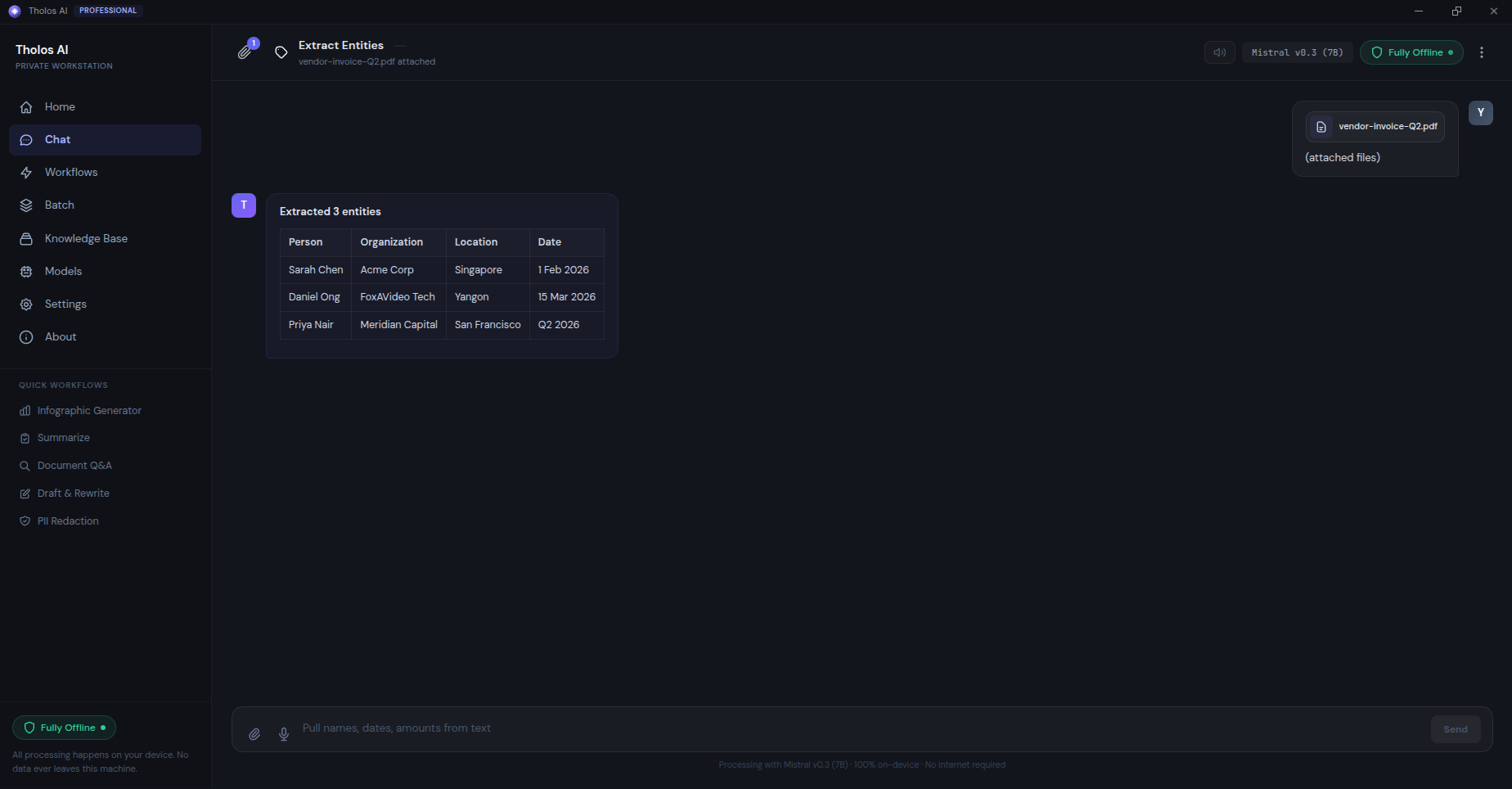 Entity Extraction in Tholos AI — fields pulled from documents into a table