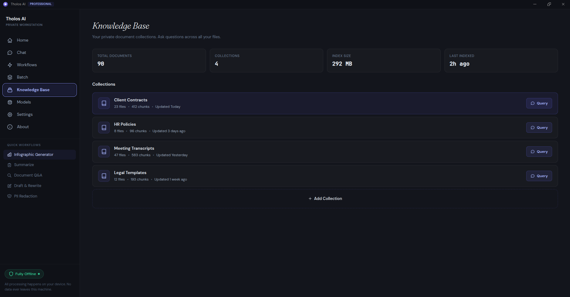 Knowledge Base in Tholos AI — named, persistent document collections